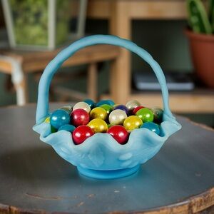 Fenton blue satin basket - blue milk glass - candy dish- wedding basket